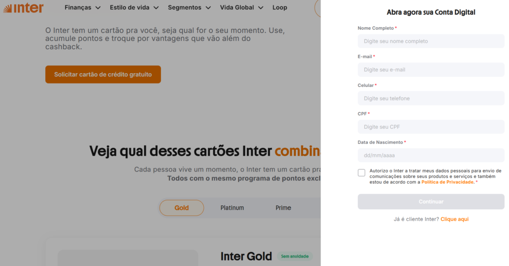 tela de cadastro para a conta do banco inter